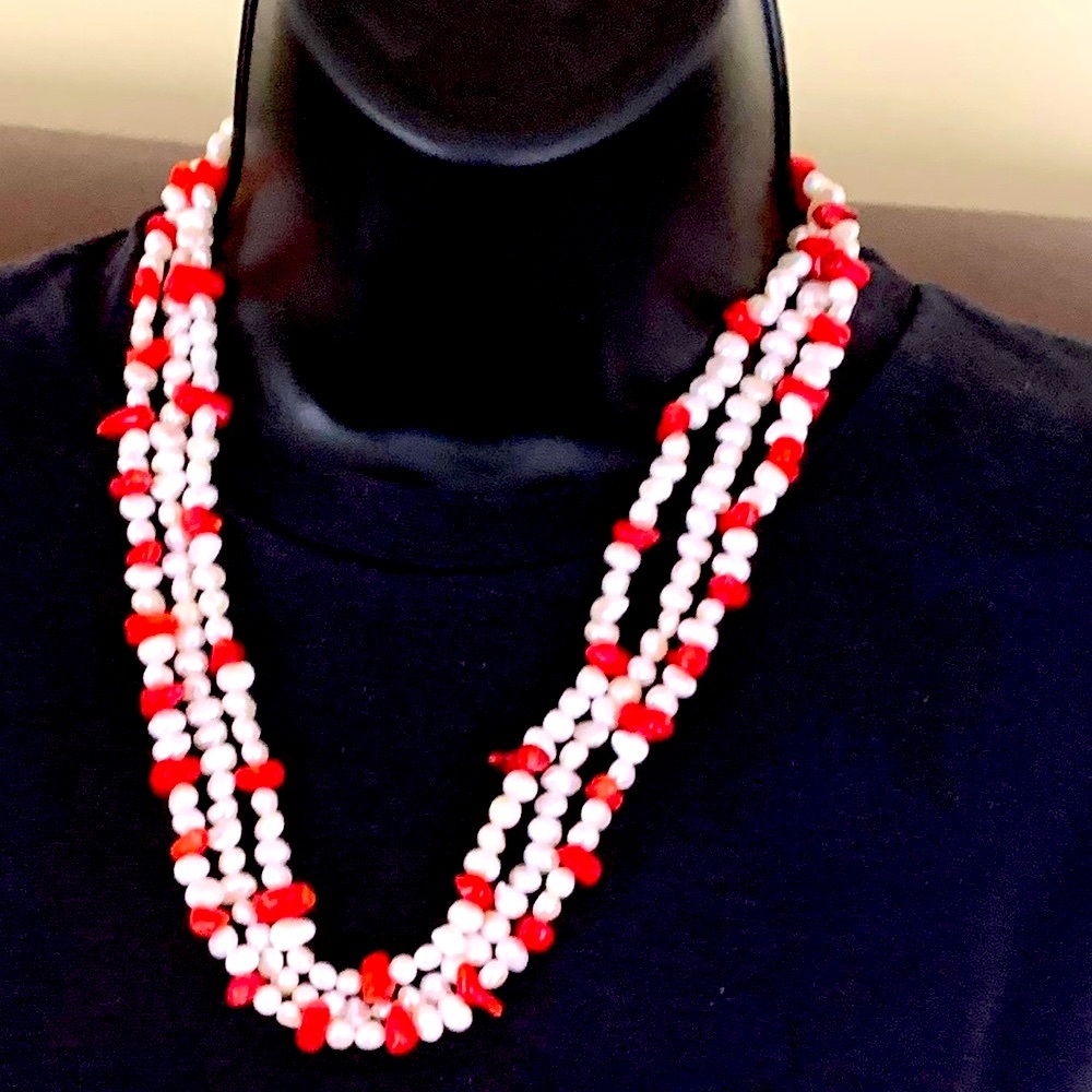 Vintage three strands of Real White Pearl Necklace blended With Real red Corals